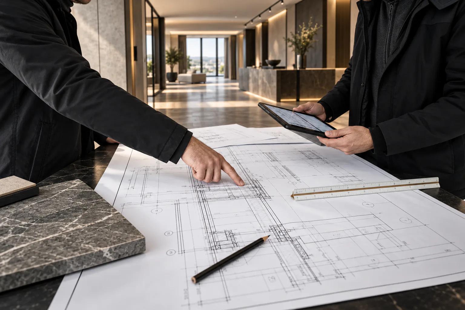 Ilustración de profesionales coordinando decisiones de obra sobre planos técnicos.